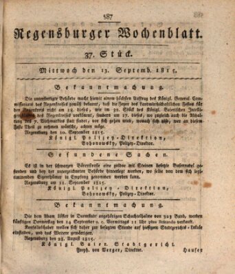 Regensburger Wochenblatt Mittwoch 13. September 1815