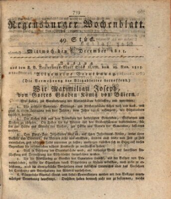 Regensburger Wochenblatt Mittwoch 6. Dezember 1815