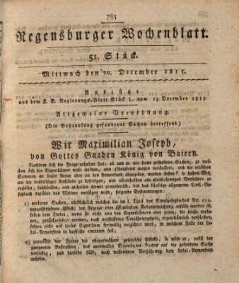 Regensburger Wochenblatt Mittwoch 20. Dezember 1815