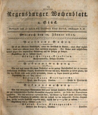 Regensburger Wochenblatt Mittwoch 10. Januar 1816