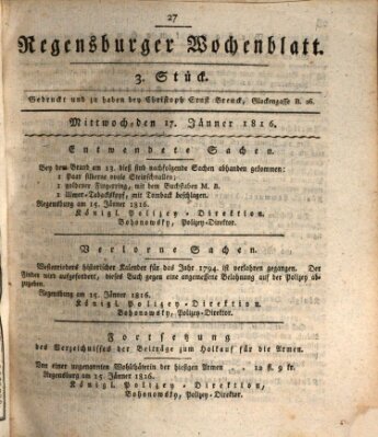 Regensburger Wochenblatt Mittwoch 17. Januar 1816