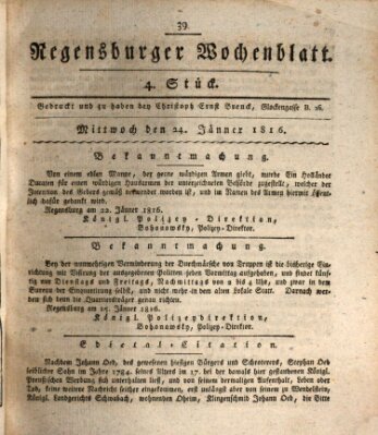 Regensburger Wochenblatt Mittwoch 24. Januar 1816