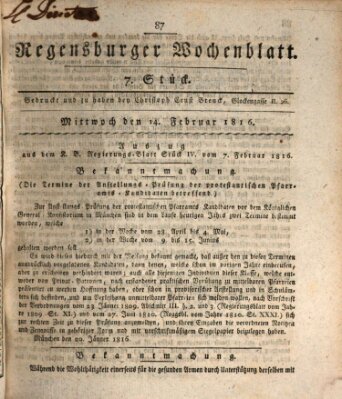 Regensburger Wochenblatt Mittwoch 14. Februar 1816