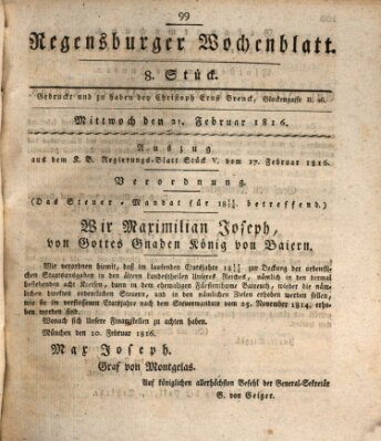 Regensburger Wochenblatt Mittwoch 21. Februar 1816