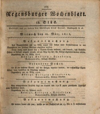 Regensburger Wochenblatt Mittwoch 20. März 1816