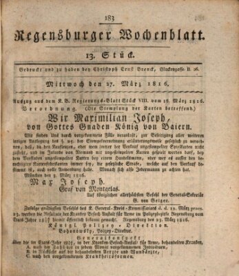 Regensburger Wochenblatt Mittwoch 27. März 1816