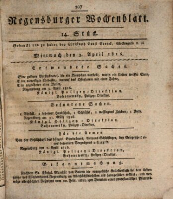 Regensburger Wochenblatt Mittwoch 3. April 1816