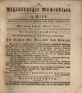 Regensburger Wochenblatt Mittwoch 10. April 1816