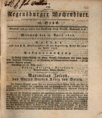 Regensburger Wochenblatt Mittwoch 17. April 1816