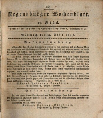 Regensburger Wochenblatt Mittwoch 24. April 1816
