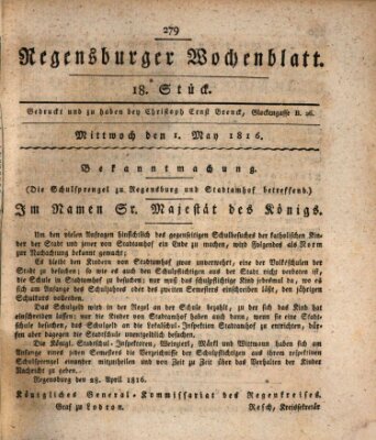 Regensburger Wochenblatt Mittwoch 1. Mai 1816