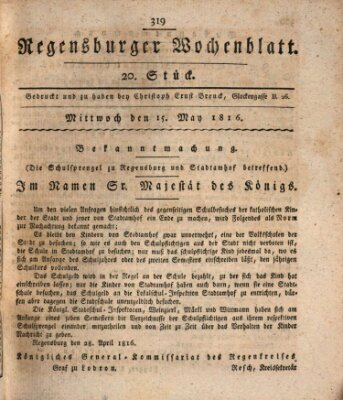 Regensburger Wochenblatt Mittwoch 15. Mai 1816