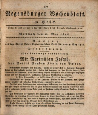 Regensburger Wochenblatt Mittwoch 22. Mai 1816