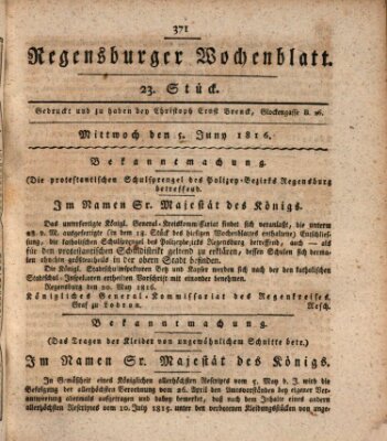 Regensburger Wochenblatt Mittwoch 5. Juni 1816