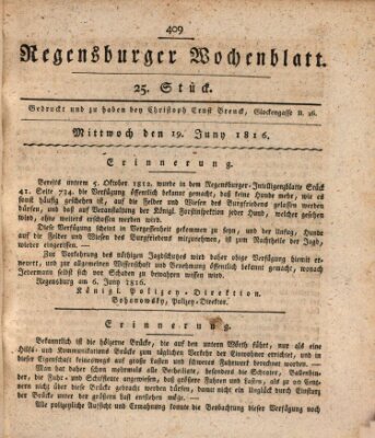 Regensburger Wochenblatt Mittwoch 19. Juni 1816