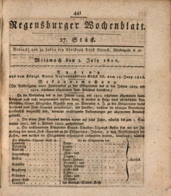 Regensburger Wochenblatt Mittwoch 3. Juli 1816