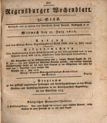 Regensburger Wochenblatt Mittwoch 31. Juli 1816