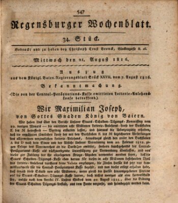 Regensburger Wochenblatt Mittwoch 21. August 1816