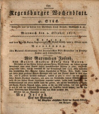 Regensburger Wochenblatt Mittwoch 9. Oktober 1816