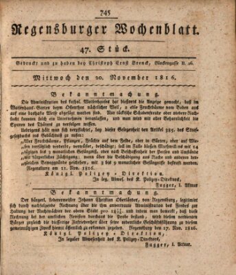 Regensburger Wochenblatt Mittwoch 20. November 1816