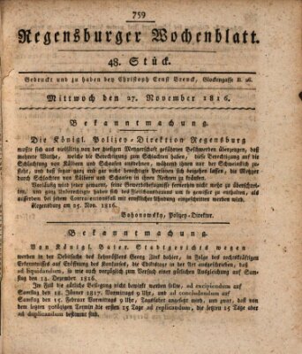 Regensburger Wochenblatt Mittwoch 27. November 1816