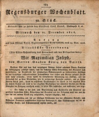 Regensburger Wochenblatt Mittwoch 11. Dezember 1816