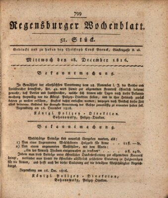 Regensburger Wochenblatt Mittwoch 18. Dezember 1816