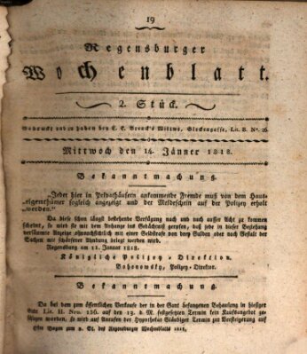 Regensburger Wochenblatt Mittwoch 14. Januar 1818