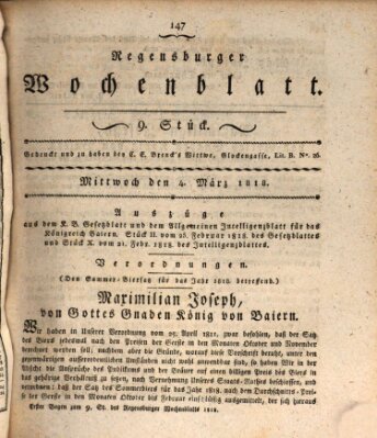 Regensburger Wochenblatt Mittwoch 4. März 1818