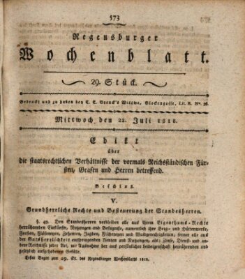 Regensburger Wochenblatt Mittwoch 22. Juli 1818