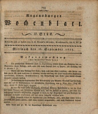 Regensburger Wochenblatt Mittwoch 16. September 1818