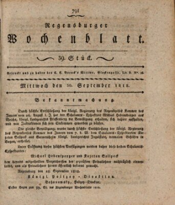 Regensburger Wochenblatt Mittwoch 30. September 1818