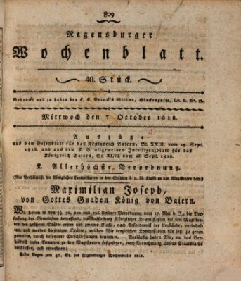 Regensburger Wochenblatt Mittwoch 7. Oktober 1818