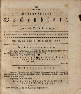 Regensburger Wochenblatt Mittwoch 9. Dezember 1818