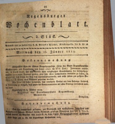 Regensburger Wochenblatt Mittwoch 13. Januar 1819