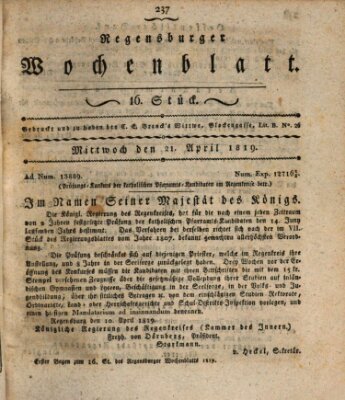 Regensburger Wochenblatt Mittwoch 21. April 1819