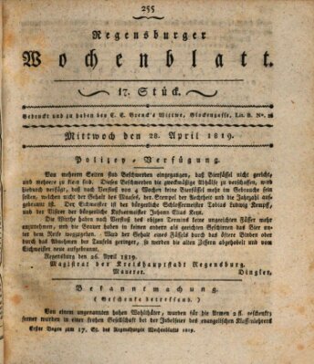 Regensburger Wochenblatt Mittwoch 28. April 1819