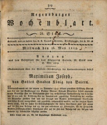 Regensburger Wochenblatt Mittwoch 26. Mai 1819