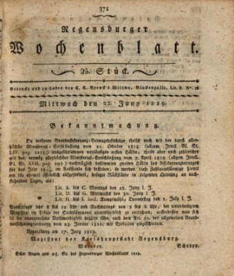 Regensburger Wochenblatt Mittwoch 23. Juni 1819