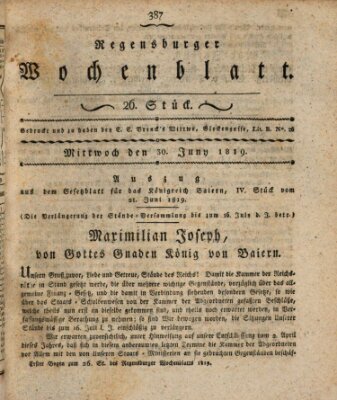 Regensburger Wochenblatt Mittwoch 30. Juni 1819