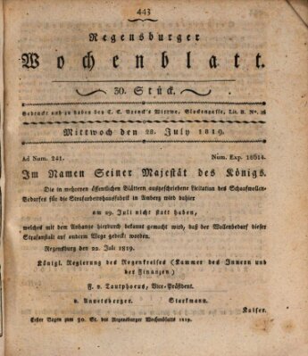 Regensburger Wochenblatt Mittwoch 28. Juli 1819