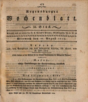 Regensburger Wochenblatt Mittwoch 11. August 1819