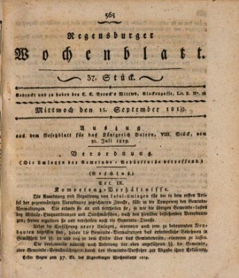 Regensburger Wochenblatt Mittwoch 15. September 1819