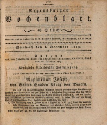 Regensburger Wochenblatt Mittwoch 1. Dezember 1819