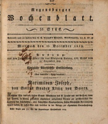 Regensburger Wochenblatt Mittwoch 22. Dezember 1819