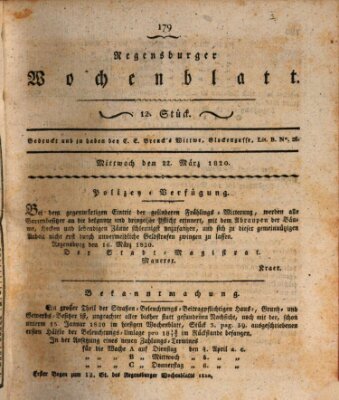 Regensburger Wochenblatt Mittwoch 22. März 1820