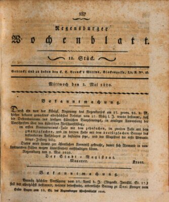 Regensburger Wochenblatt Mittwoch 3. Mai 1820