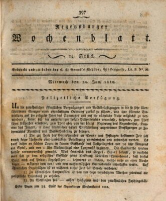 Regensburger Wochenblatt Mittwoch 14. Juni 1820