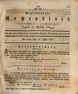 Regensburger Wochenblatt Mittwoch 21. Juni 1820