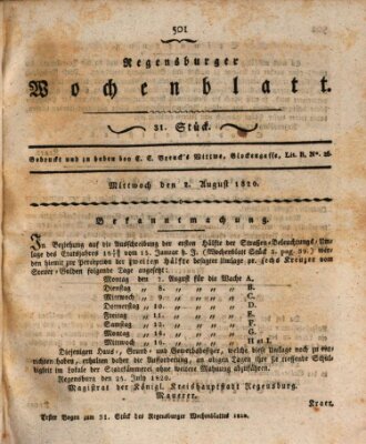 Regensburger Wochenblatt Mittwoch 2. August 1820